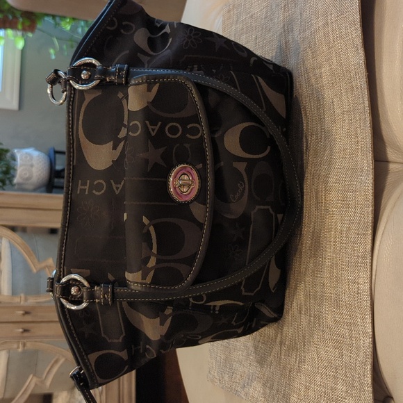 Coach Leah Black and Gray Sateen Handbag - Picture 1 of 12